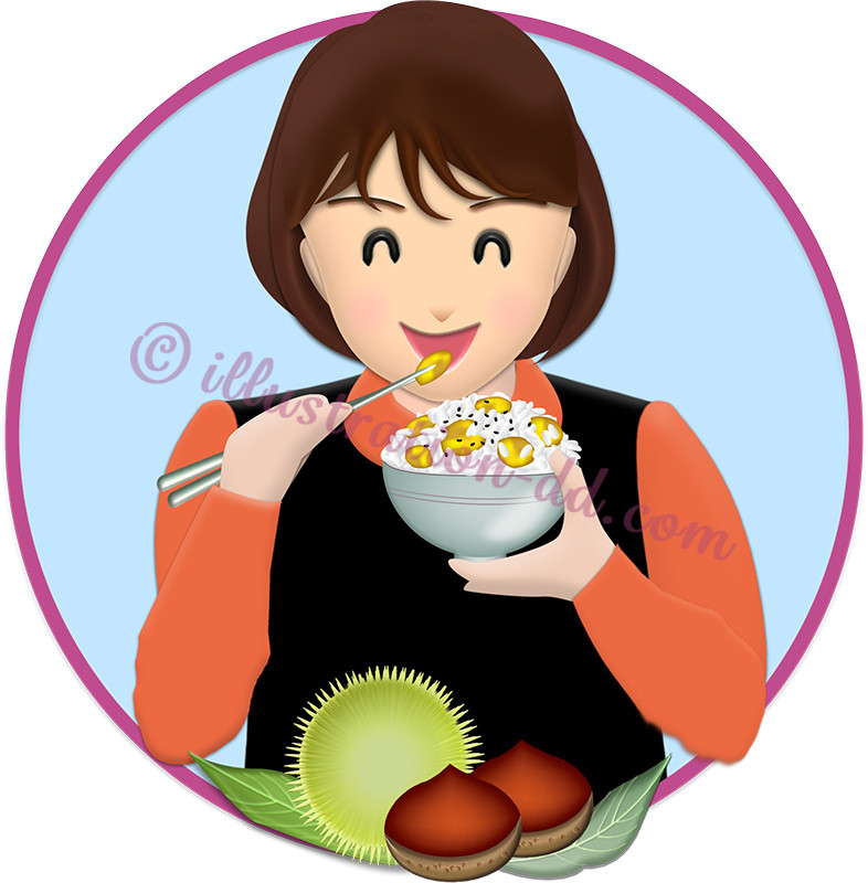 栗ご飯を食べる女性のイラスト