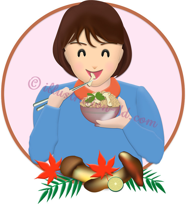 松茸ご飯を食べる女性のイラスト