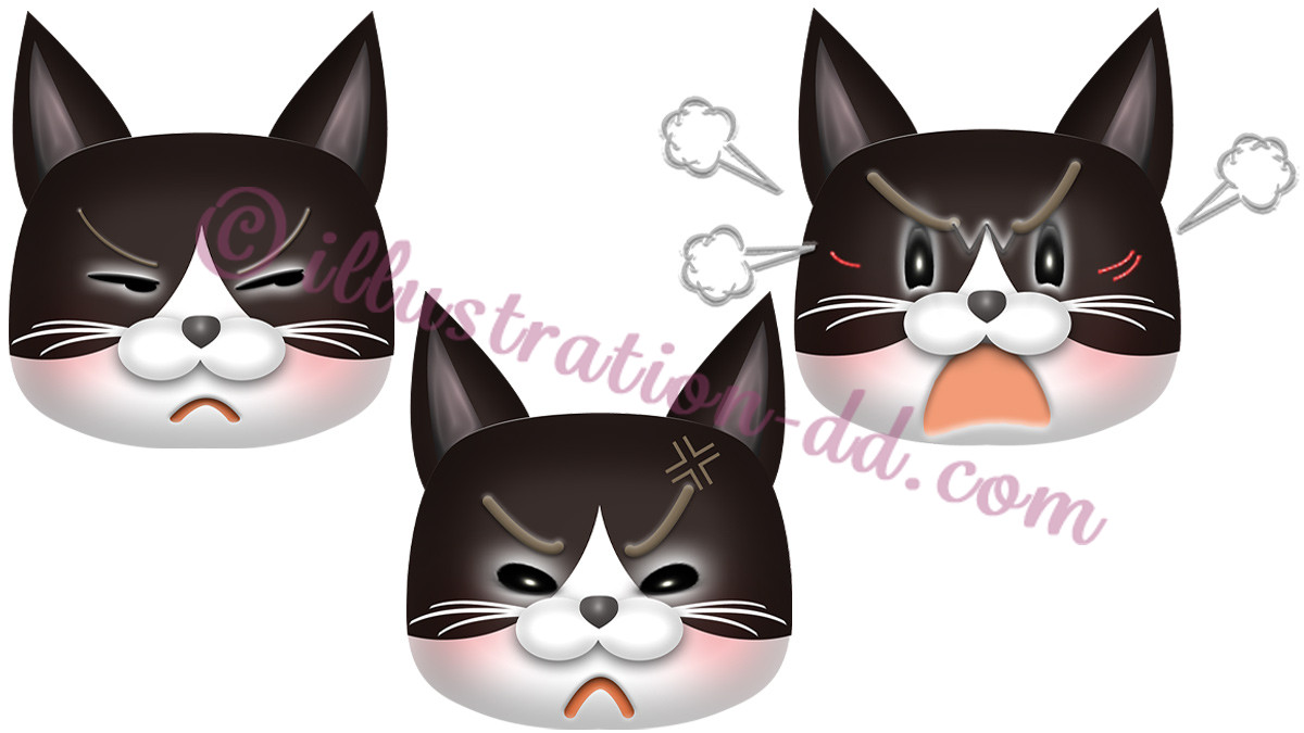 怒る猫顔３点セット（ハチワレ・黒）のイラスト