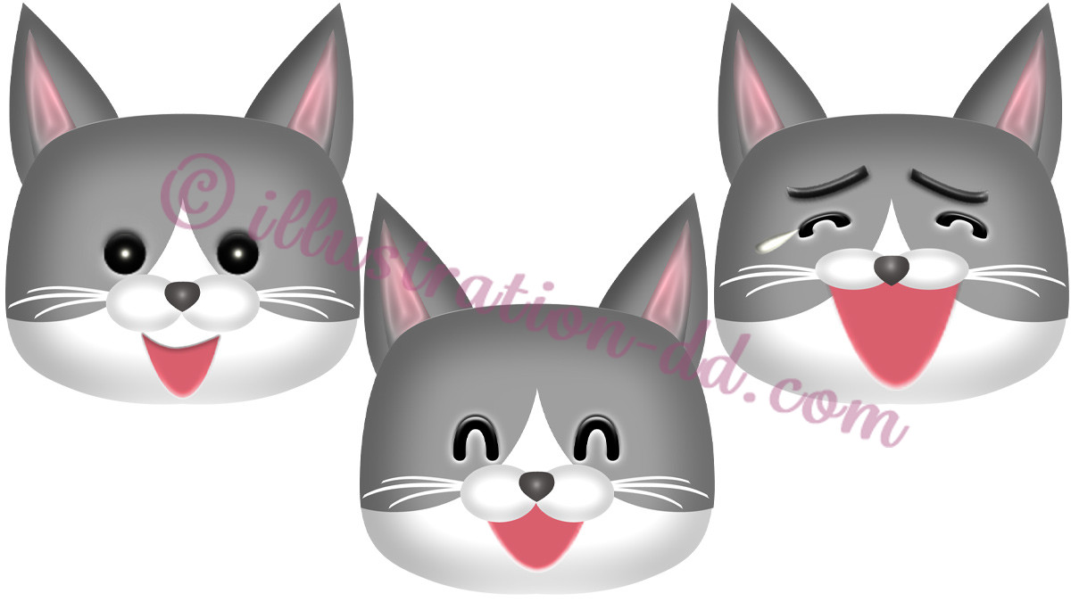 猫の顔・ハチワレ灰・笑う３点セットのイラスト