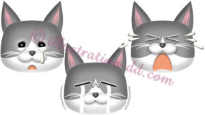 泣く猫顔３点セット（ハチワレ・灰）のイラスト