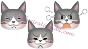 怒る猫顔３点セット（ハチワレ・灰）のイラスト