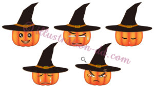 ハロウィンかぼちゃ顔５種のイラスト
