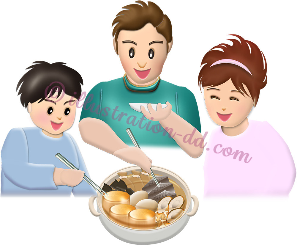 おでんの鍋を囲む家族のイラスト