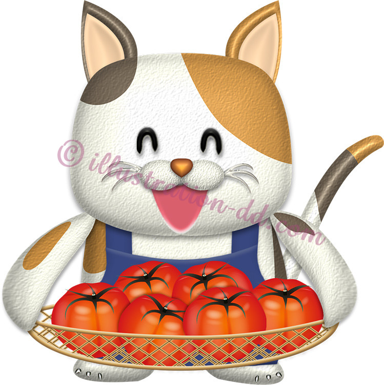 トマトを持つ三毛猫キャラクター