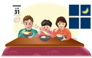 年越しそば（天ぷら）を食べる家族のイラスト
