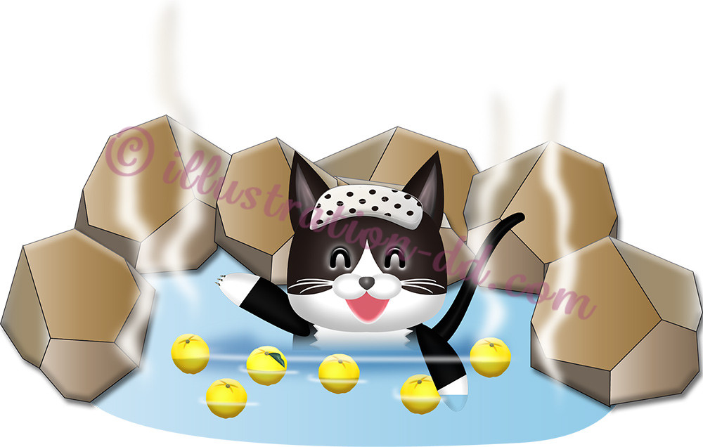 柚子を入れた温泉に入る猫のイラスト