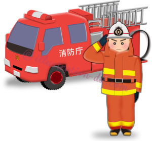 消防車の前で敬礼する消防士のイラスト