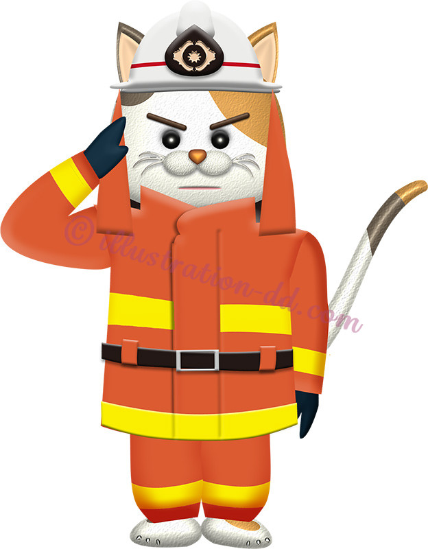敬礼するネコの消防士のイラスト
