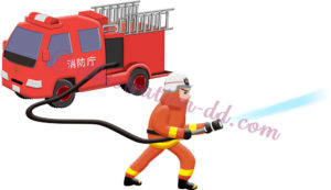 放水する消防士と消防車のイラスト