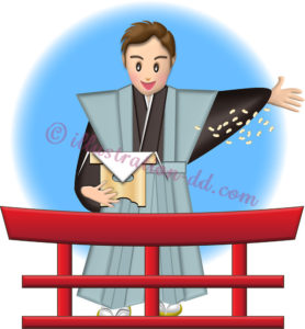 神社で節分の豆をまく裃姿の若い男性のイラスト