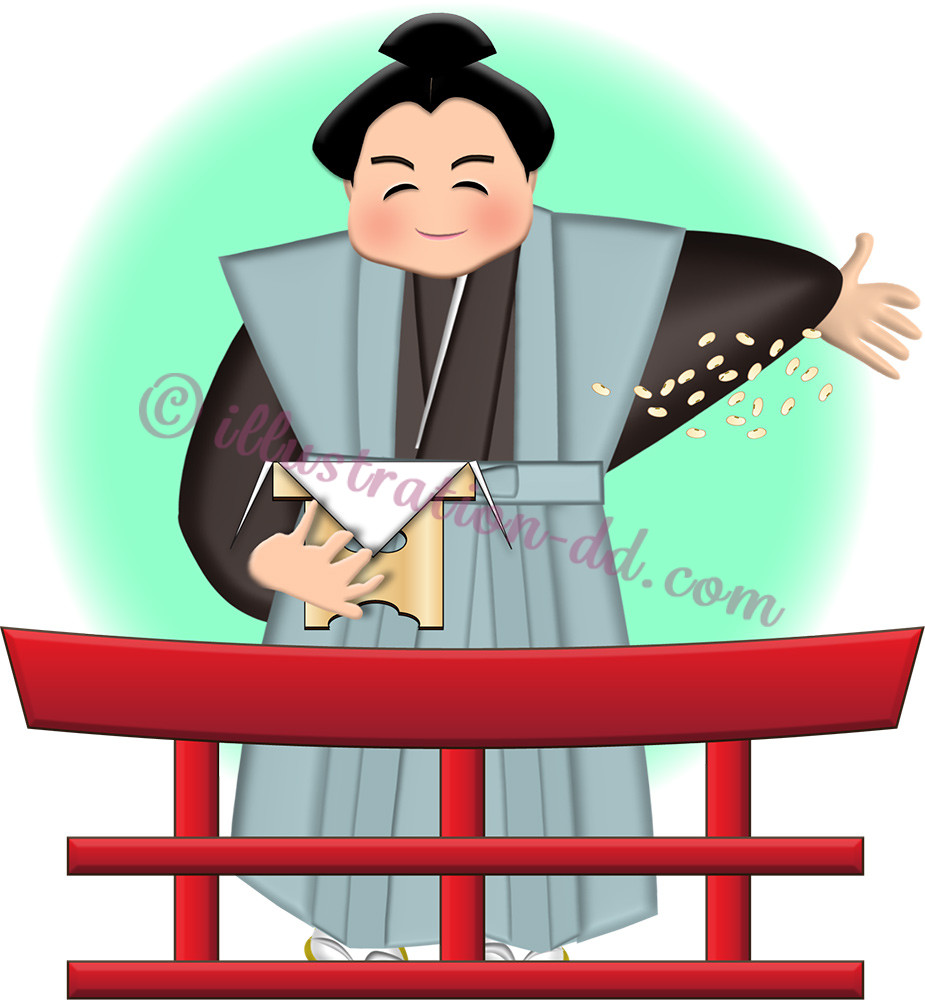 神社で節分の豆をまくお相撲さんのイラスト