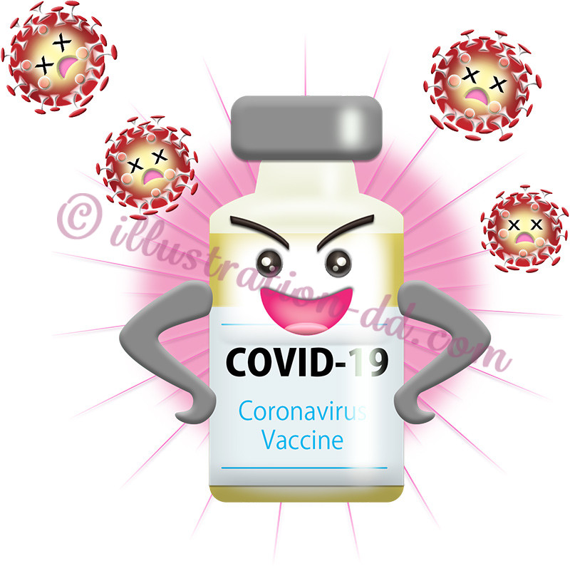 コロナウィルスとワクチンの擬人化イラスト