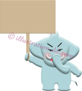 プラカードを持つ怒った顔ゾウのイラスト