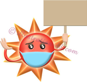 マスクをしてプラカードを持つ太陽キャラのイラスト