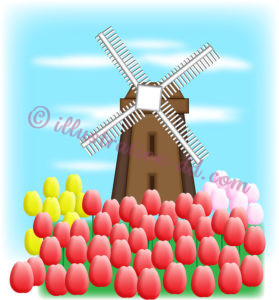 チューリップ畑と風車のイラスト