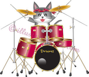 ドラムを叩く可愛い猫ドラマーのイラスト
