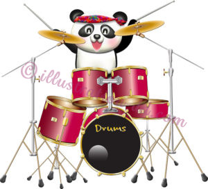 ドラムを叩く可愛いパンダのドラマーのイラスト