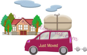 引っ越し荷物を積んだ自家用車と家のイラスト