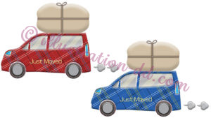 荷物を乗せたチェック柄の車２色のイラスト