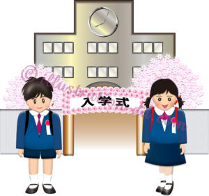 小学校の前に立つ入学生２人のイラスト