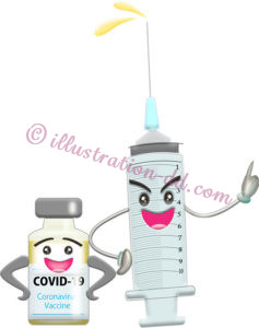 注射器とワクチンのCOVID-19キャラクターのイラスト