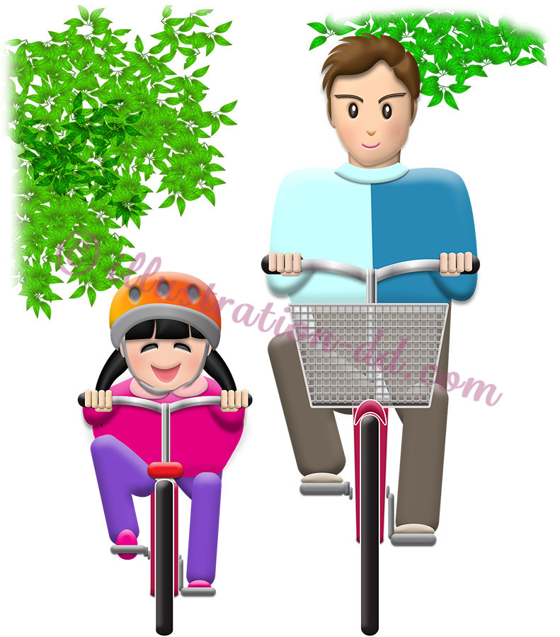 サイクリングする親子（パパと娘）のイラスト